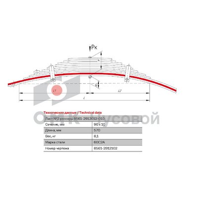Лист рессоры МАЗ прицепа 8561 №2 (L=1165 S-90х10) (ан. 83781-2912102) 8561-2912102 ЧМЗ