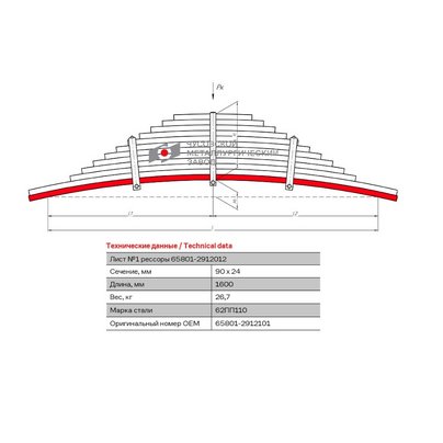 Лист рессоры КАМАЗ задней 65801 ЕВРО №1,2 (L=1600х90х24) 65801-2912101 ЧМЗ РФ