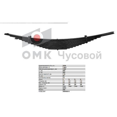 Рессора МАЗ задняя 509 (15 лист. L=1846) аналог 509-2912012-13    509-2912012-11 ЧМЗ